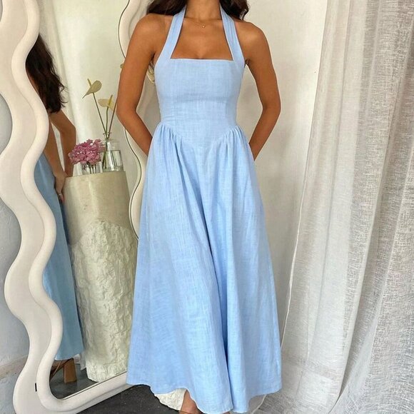 Blue Elegant Women's Hanging halter Neck Long Dress - Picture 1 of 11